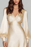 Champagne Satin V-Neck A Line Long Formal Dress