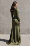Olive Mermaid Satin Long Sleeves Formal Dress with Slit