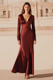 Burgundy Satin Mermaid V-Neck Long Formal Dress