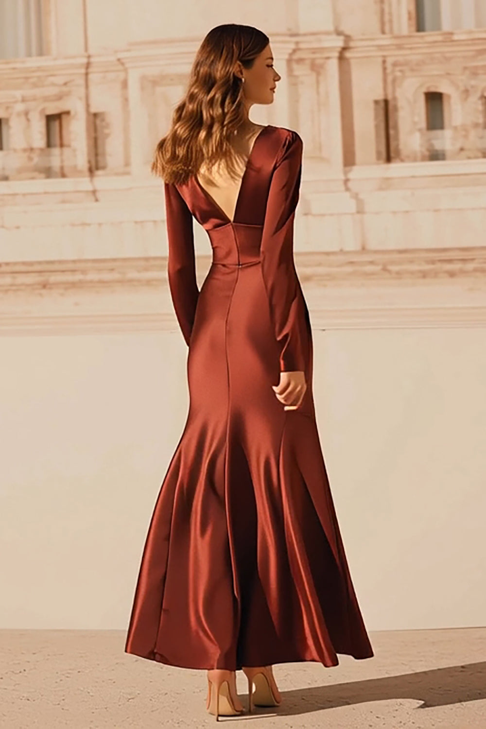 Zapaka Women Burgundy Satin Long Sleeves Formal Dress Mermaid V-Neck Evening Dress, Burgundy / US14 Zapaka Women Burgundy Satin Long Sleeves Formal Dress Mermaid V-Neck Evening Dress, Burgundy / US14