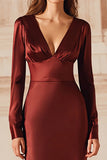 Burgundy Satin Mermaid V-Neck Long Formal Dress
