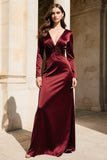 Burgundy Satin V-Neck Long Sleeves Formal Dress