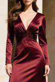 Burgundy Satin V-Neck Long Sleeves Formal Dress