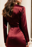 Burgundy Satin V-Neck Long Sleeves Formal Dress