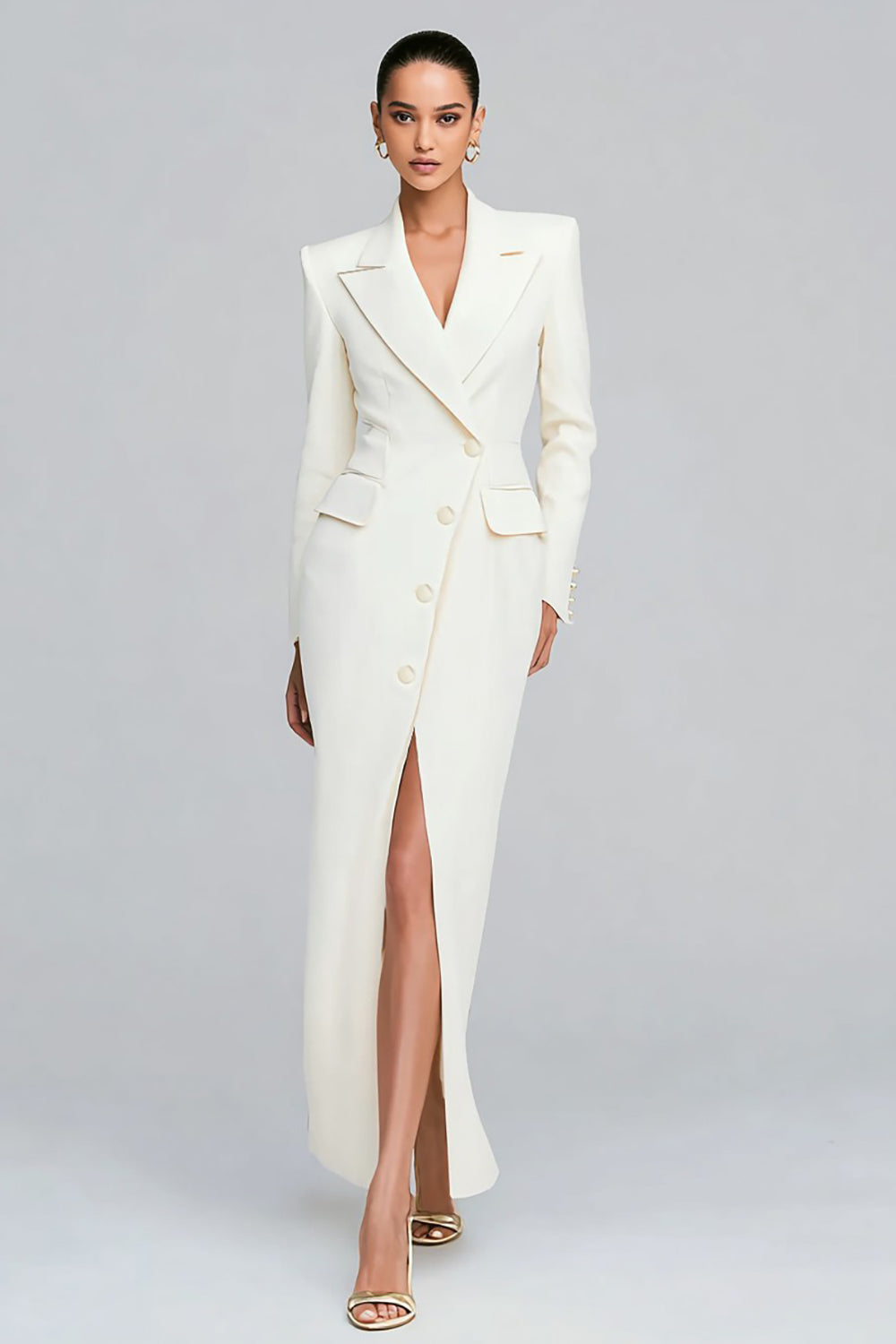 Zapaka Women White Blazer Dress with Slit Peak Lapel Sheath Single-Breasted Long Sleeve Business Outfit, Ivory / M Zapaka Women White Blazer Dress with Slit Peak Lapel Sheath Single-Breasted Long Sleeve Business Outfit, Ivory / M