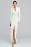 White Peak Lapel Sheath Long Sleeve Blazer Dress with Slit