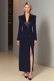 Navy Peak Lapel Sheath Long Sleeve Blazer Dress