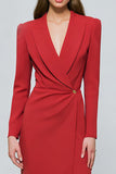 Red Peak Lapel Sheath Long Sleeve Work Dress with Slit