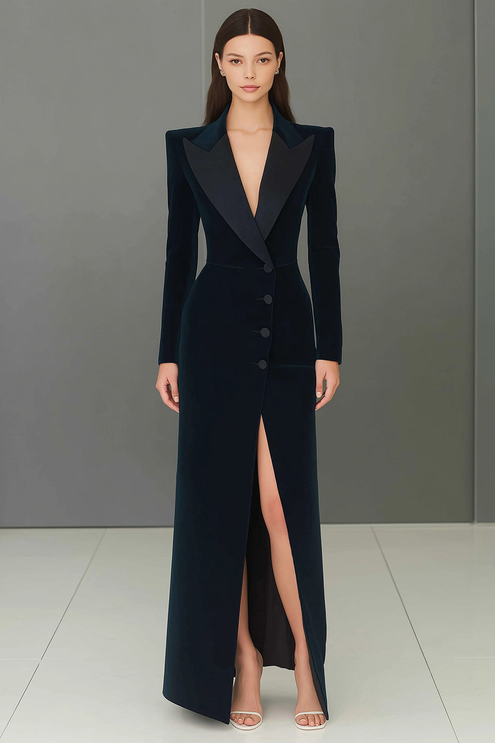 Zapaka Women Navy Blazer Dress with Slit Peak Lapel Single-breasted Business Outfit, Navy / S Zapaka Women Navy Blazer Dress with Slit Peak Lapel Single-breasted Business Outfit, Navy / S