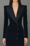 Navy Peak Lapel Single-breasted Blazer Dress with Slit