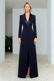 Navy Shawl Lapel A Line Blazer Dress with Slit