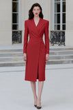 Red Sheath Peak Lapel Midi Work Dress with Slit