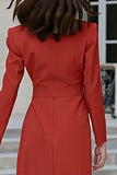 Red Sheath Peak Lapel Midi Work Dress with Slit