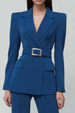 Dark Blue 2 Piece Notched Lapel Women's Business Suits with Belt