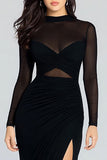 Black Sheath High Neck Long Sleeve Formal Dress with Slit