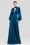 Dark Blue A Line V Neck Satin Formal Dress with Long Sleeves