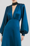 Dark Blue A Line V Neck Satin Formal Dress with Long Sleeves