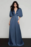 Dark blue A Line Satin V Neck Puff Sleeve Formal Dress