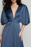 Dark blue A Line Satin V Neck Puff Sleeve Formal Dress