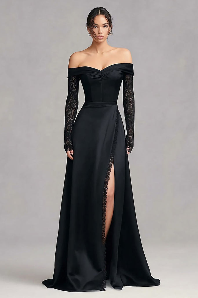 Zapaka Women Off The Shoulder Formal Dress Satin Long Sleeve Mermaid