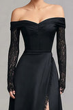 Black Off the Shoulder Mermaid Satin Formal Dress with Long Sleeves