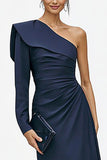 Navy One Shoulder Mermaid Long Sleeve Formal Dress