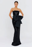 Strapless Black Sequin Mermaid Long Formal Dress with Bow