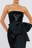 Strapless Black Sequin Mermaid Long Formal Dress with Bow