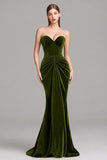 Olive Sweetheart Mermaid Ruched Velvet Formal Dress