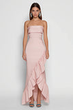 Strapless Pink Sheath Long Satin Dress with Ruffles