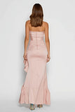 Strapless Pink Sheath Long Satin Dress with Ruffles