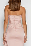 Strapless Pink Sheath Long Satin Dress with Ruffles