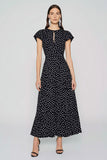 A-Line Round Neck Long Black White Dots Dress