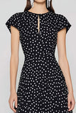 A-Line Round Neck Long Black White Dots Dress
