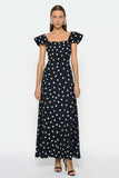 Black and White A Line Flutter Sleeves Long Polka Dots Dress