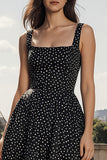 A Line Square Neck Long Black White Dots Dress