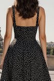 A Line Square Neck Long Black White Dots Dress