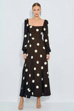 Brown and White A Line Square Neck Polka Dots Dress with Long Sleeves