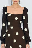 Brown and White A Line Square Neck Polka Dots Dress with Long Sleeves
