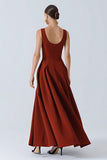 Burgundy A-Line Satin Long Wedding Guest Dress with Pockets