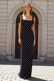 Sheath Black And White Square Neck Long Polka Dots Dress