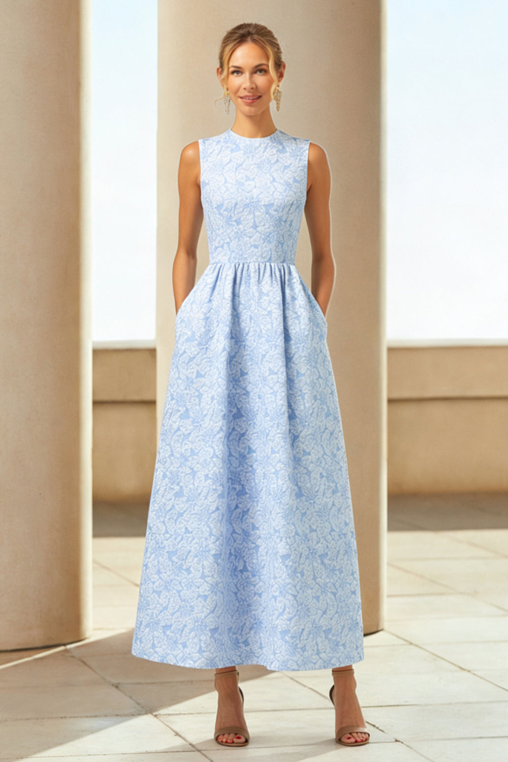 ZAPAKA Women Blue Floral Long Wedding Guest Dress with Pockets A Line Round Neck Jacquard Formal Dress, Blue / US20W ZAPAKA Women Blue Floral Long Wedding Guest Dress with Pockets A Line Round Neck Jacquard Formal Dress, Blue / US20W