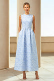 Blue A Line Long Jacquard Floral Dress with Pockets