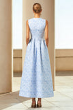 Blue A Line Long Jacquard Floral Dress with Pockets