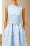 Blue A Line Long Jacquard Floral Dress with Pockets