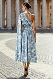 White Blue Flower A Line One Shoulder Print Convertible Dress with Streamer