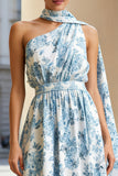 White Blue Flower A Line One Shoulder Print Convertible Dress with Streamer