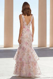 Pink Mermaid Beaded V-Neck Long Floral Dress with Ruffles
