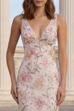 Pink Mermaid Beaded V-Neck Long Floral Dress with Ruffles