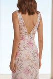 Pink Mermaid Beaded V-Neck Long Floral Dress with Ruffles